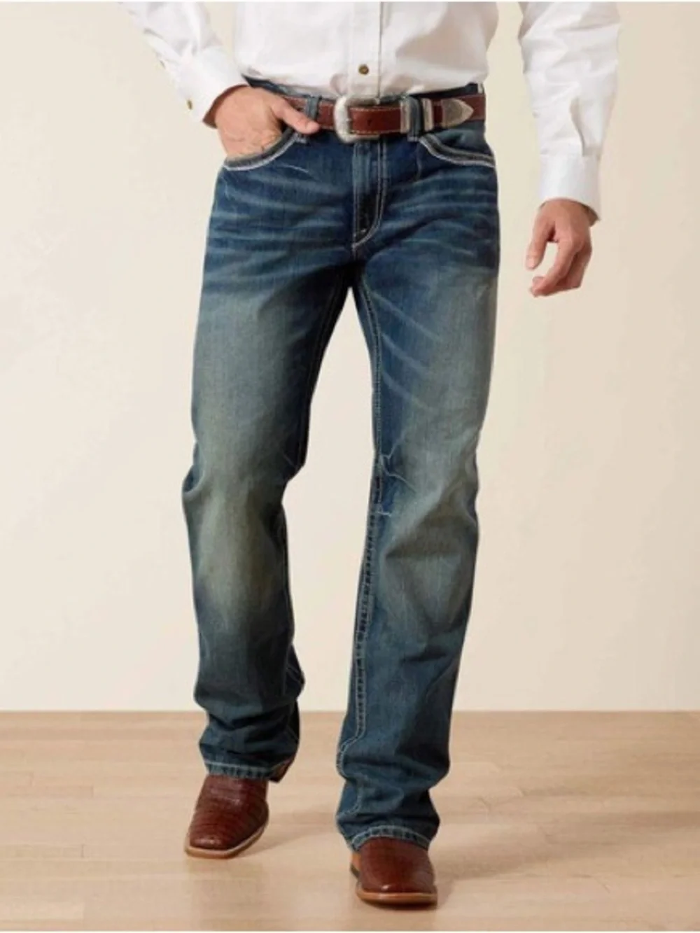 Ariat Men's Dark Blue Bootcut Jeans with Faded Whiskering